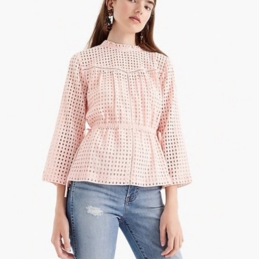 J. Crew Point Sur Eyelet Lace Peasant Ruffle Neck Top Subtle Pink Sz 6
